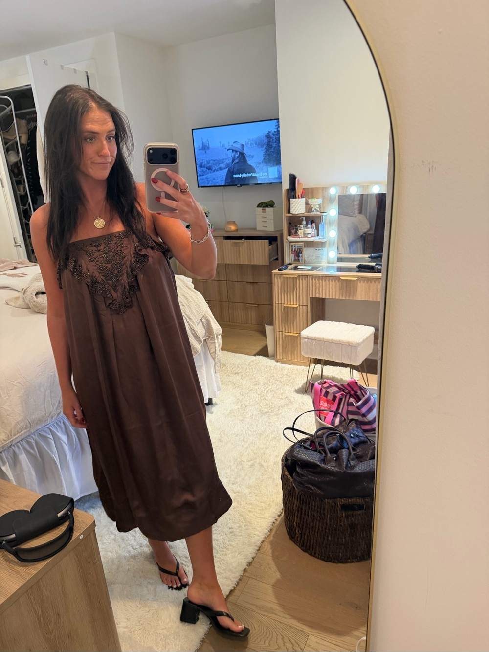 Free People Brown Lace-Trim Midi Slip Dress